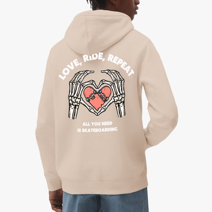 Love, Ride, Repeat Hoodie – Skeleton Hands Skateboarding Design