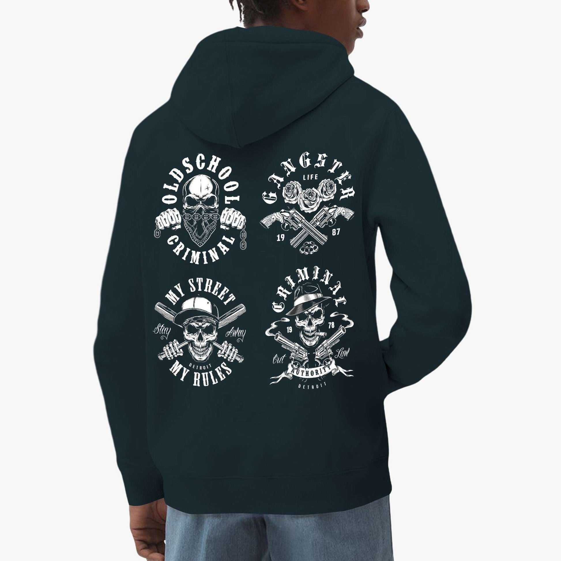 Vintage Skull Graphic Hoodie - Streetwear Pullover with Bold Criminal Art