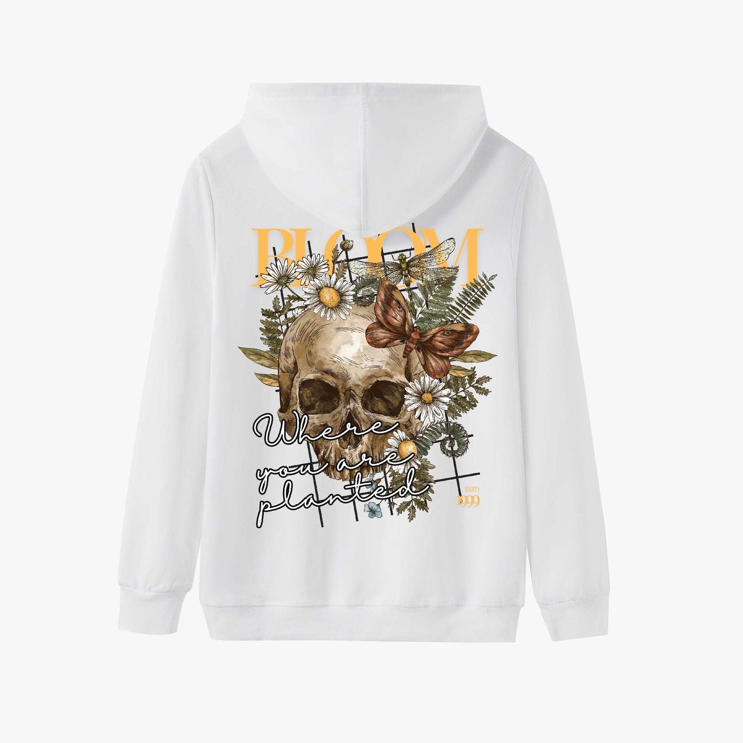 Bloom Where You Are Planted Hoodie – Floral Skull and Butterfly Design