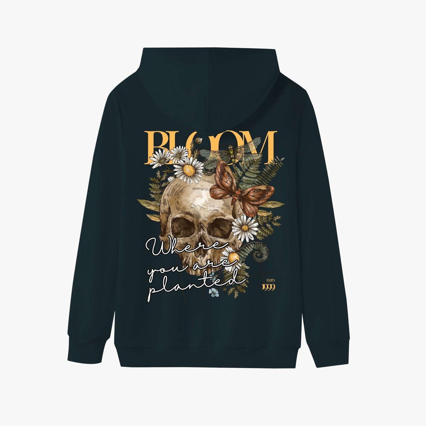 Bloom Where You Are Planted Hoodie – Floral Skull and Butterfly Design