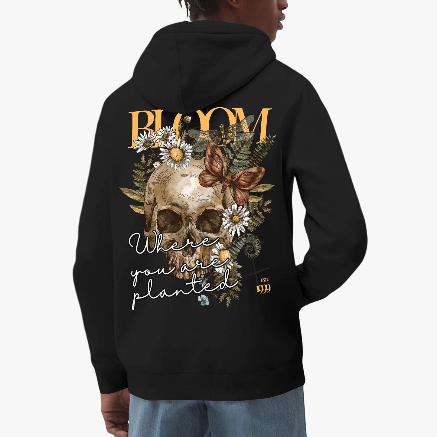 Bloom Where You Are Planted Hoodie – Floral Skull and Butterfly Design