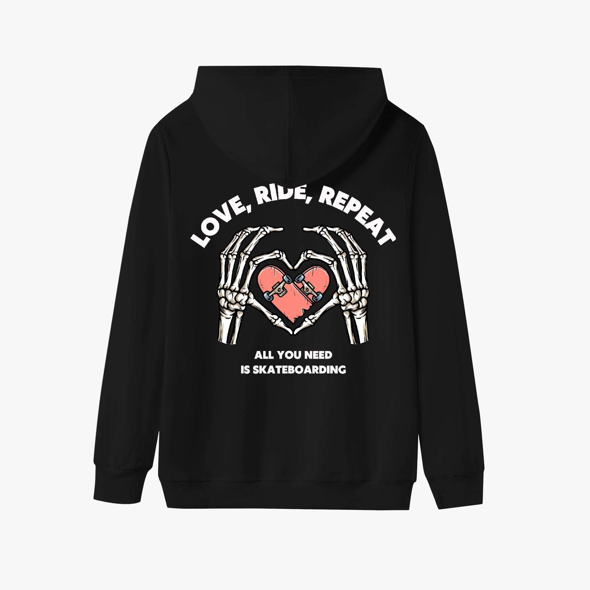 Love, Ride, Repeat Hoodie – Skeleton Hands Skateboarding Design