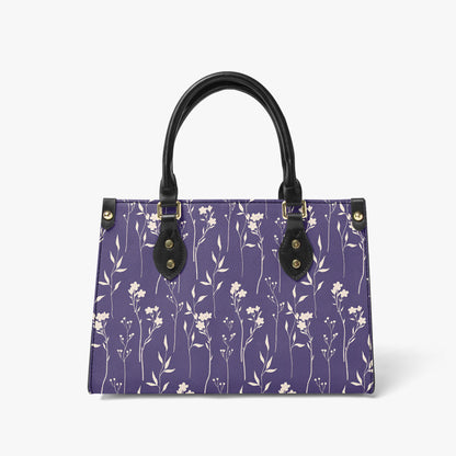 Stylish Purple Tote Bag - Elegant White Floral Design with Black Leather Handles