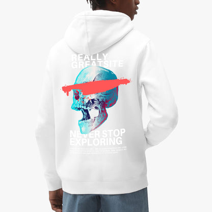 Never Stop Exploring Hoodie – Vibrant Skull Adventure Design