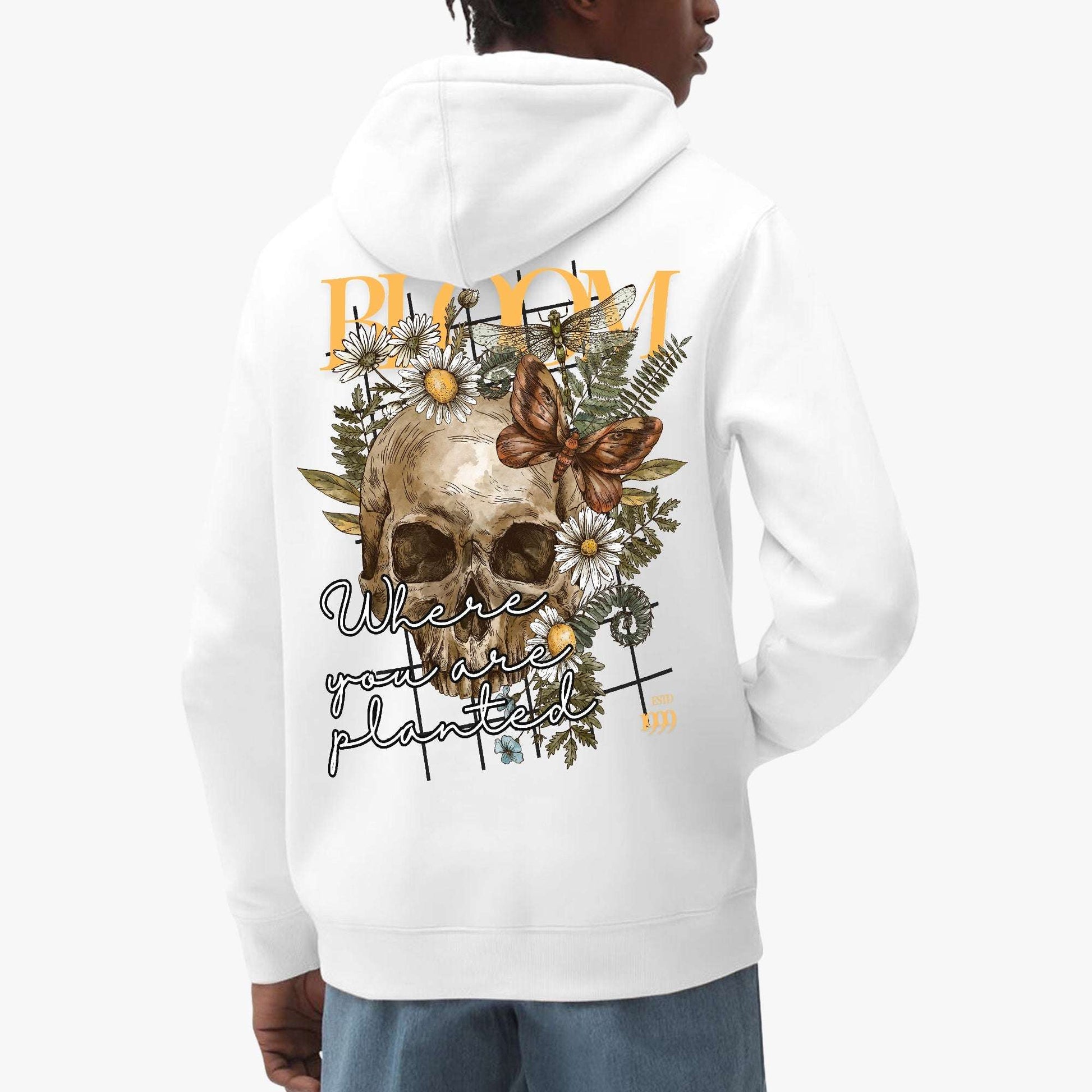 Bloom Where You Are Planted Hoodie – Floral Skull and Butterfly Design