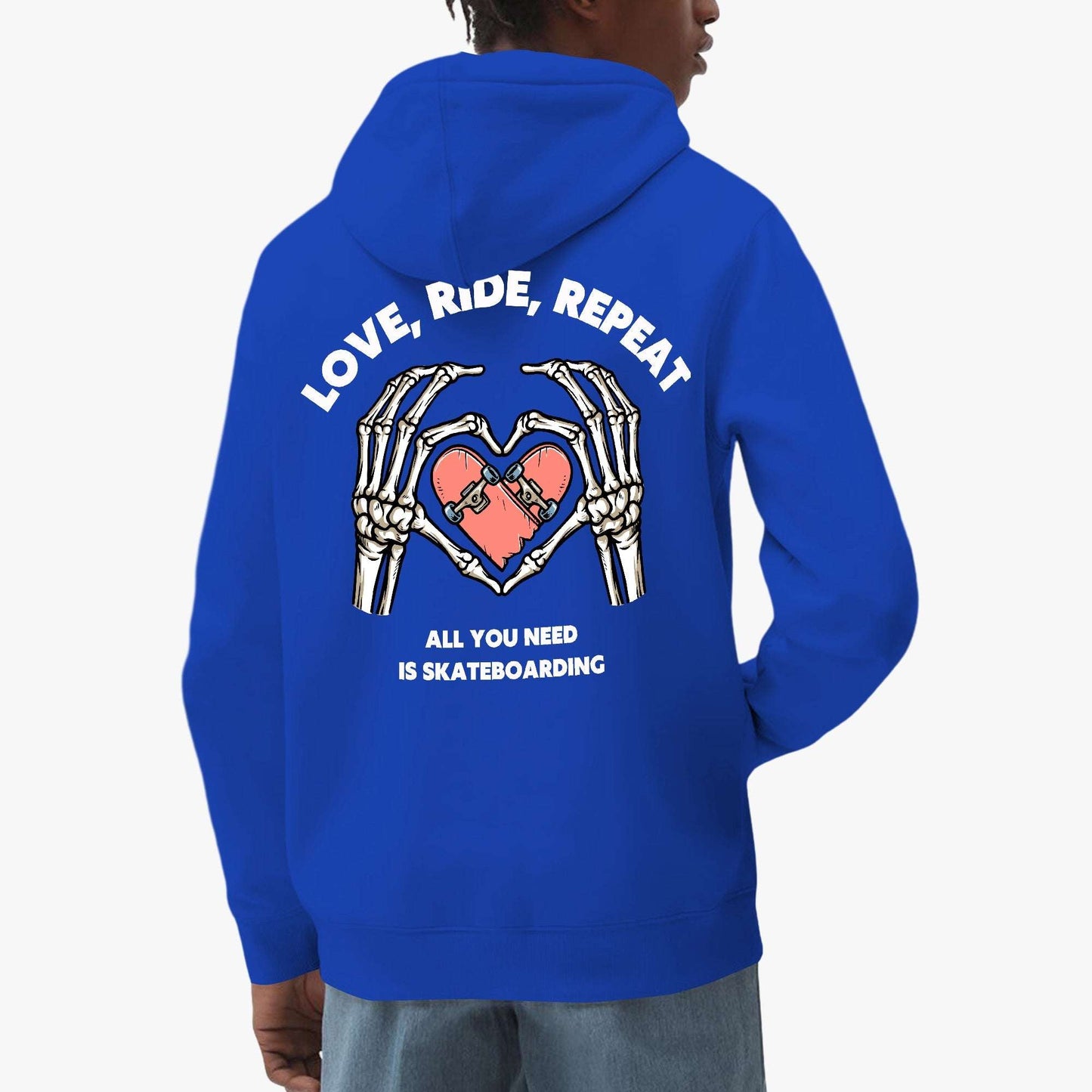 Love, Ride, Repeat Hoodie – Skeleton Hands Skateboarding Design