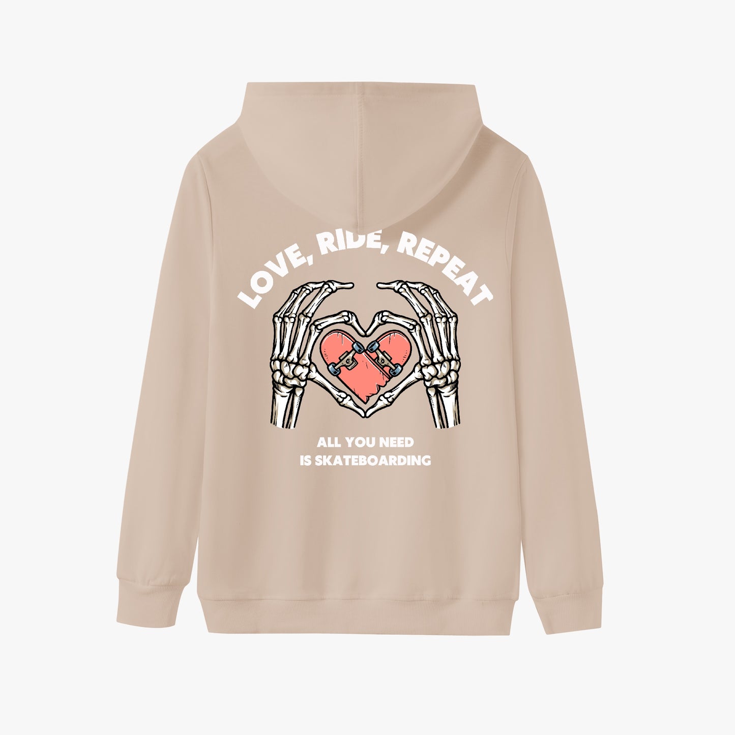 Love, Ride, Repeat Hoodie – Skeleton Hands Skateboarding Design