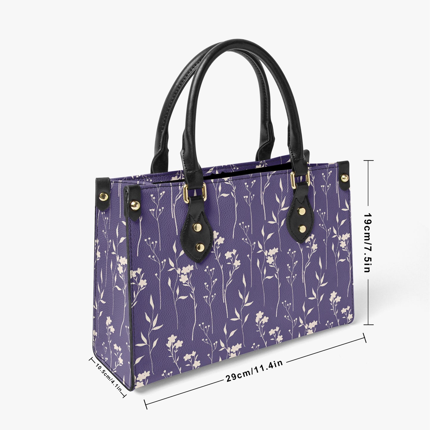 Stylish Purple Tote Bag - Elegant White Floral Design with Black Leather Handles