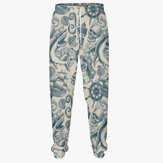 Men’s Nautical Skull & Shark Print Sweatpants – Maritime Gothic Streetwear