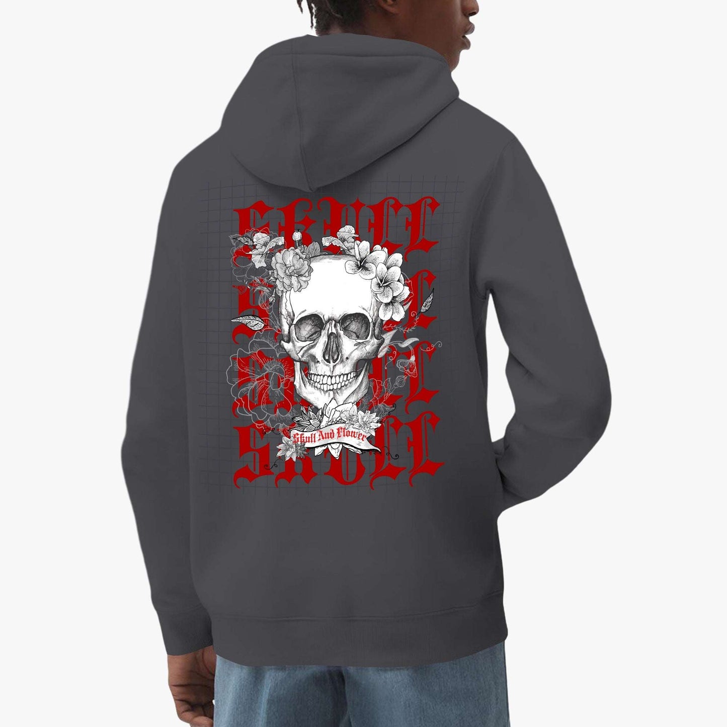 Skull and Flowers Gothic Hoodie – Red & Black Graphic Design