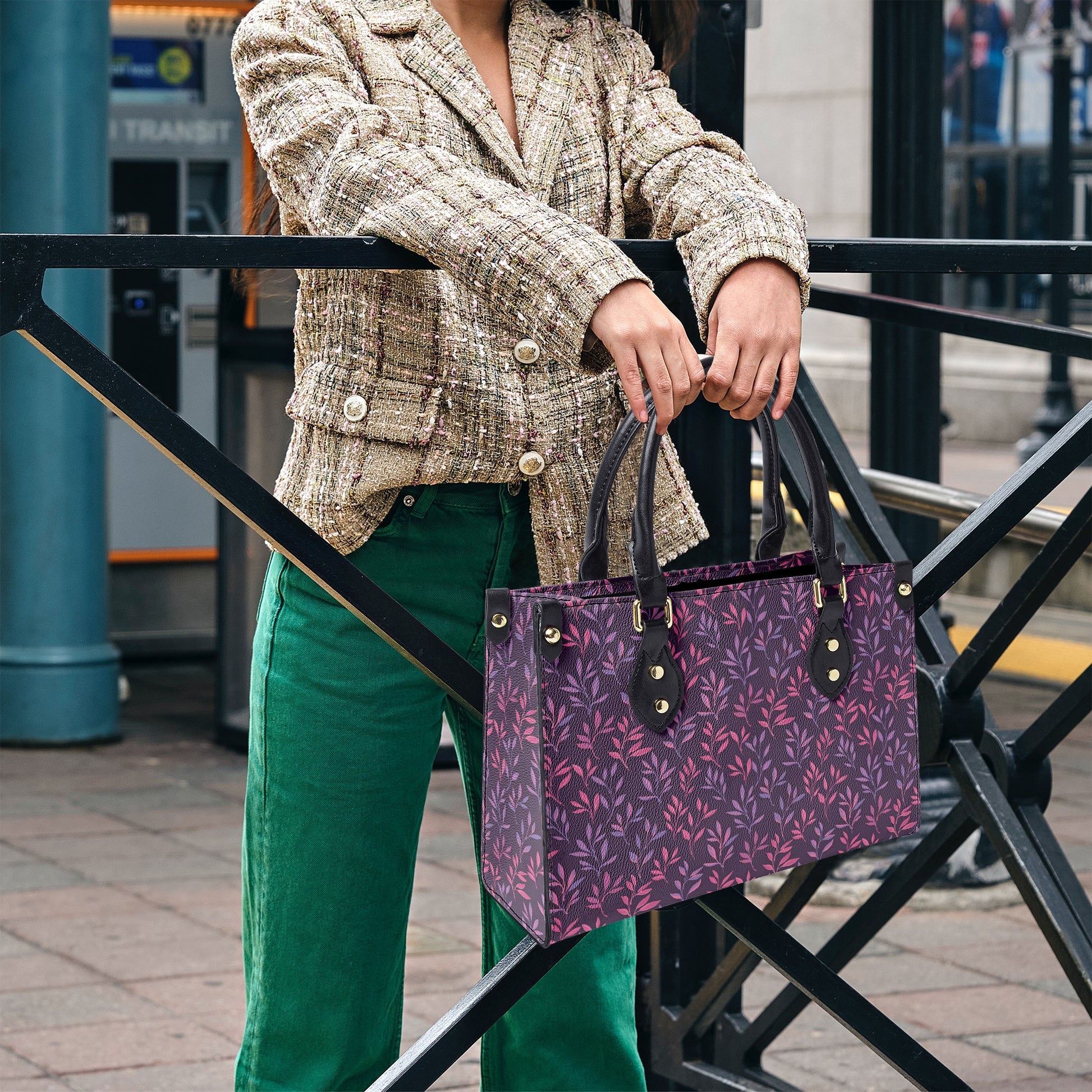 Elegant Floral Tote Bag - Stylish Handbag with Vibrant Purple and Pink Leaf Design