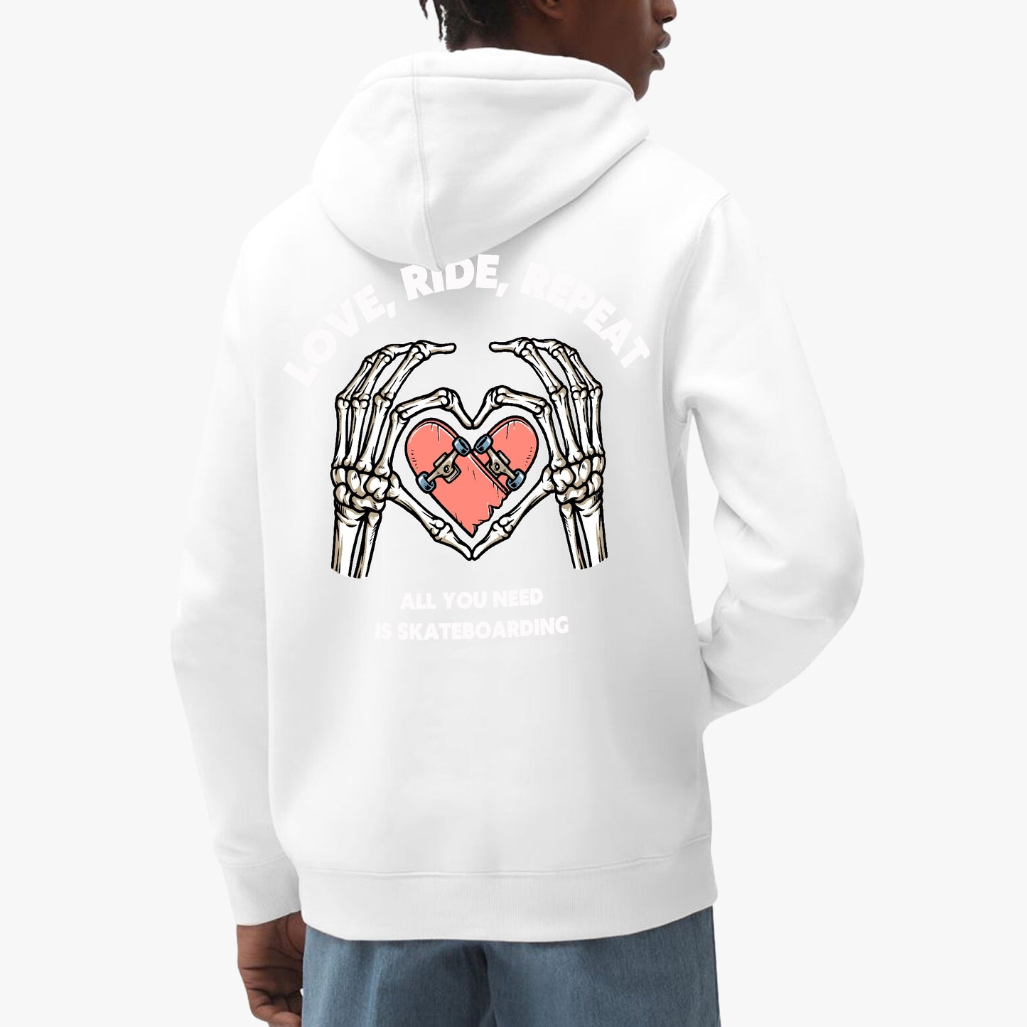 Love, Ride, Repeat Hoodie – Skeleton Hands Skateboarding Design