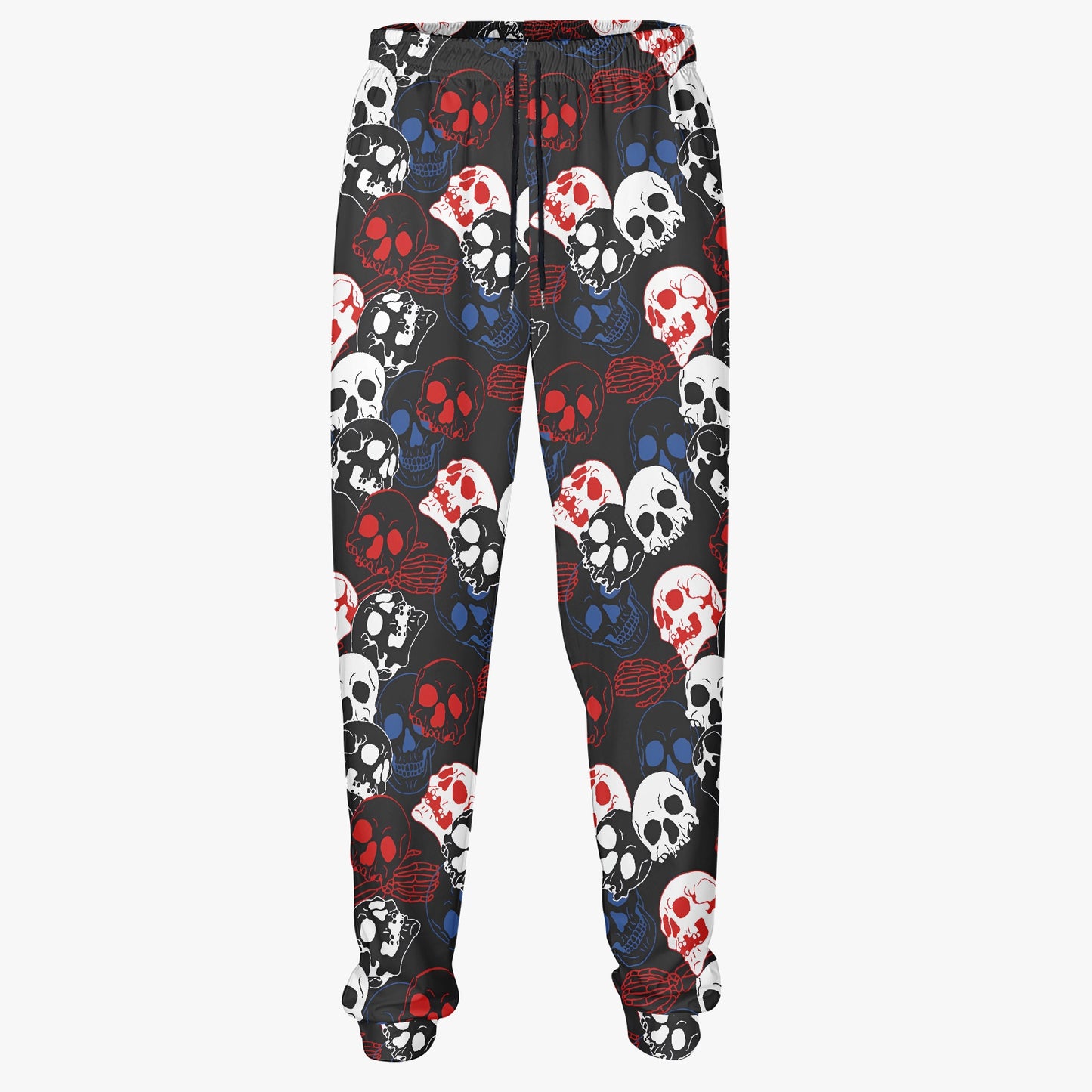 Red, White, and Blue Skull Print Joggers - Vibrant Gothic Streetwear