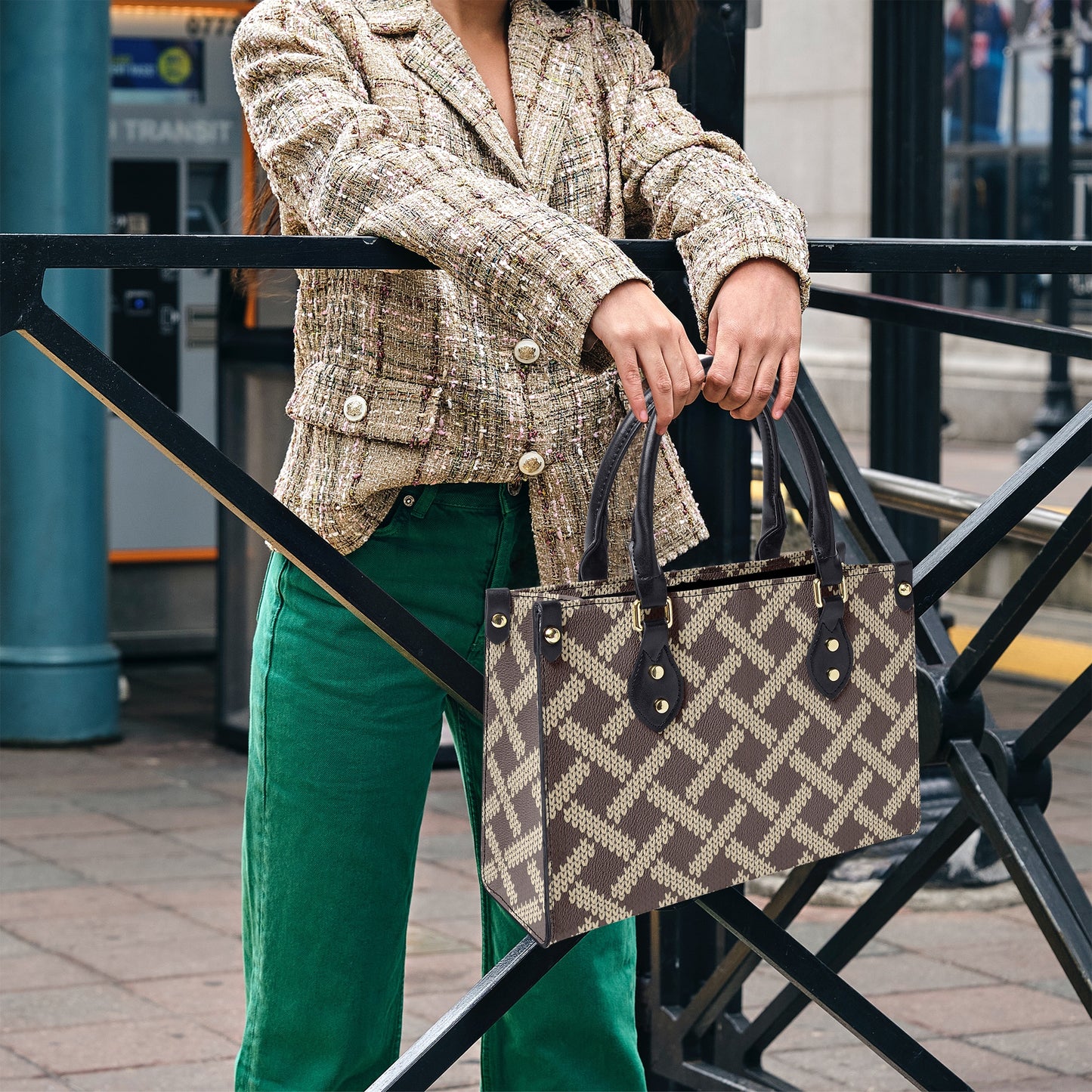 Stylish Brown Geometric Tote Bag - Classic Design with Leather Handles