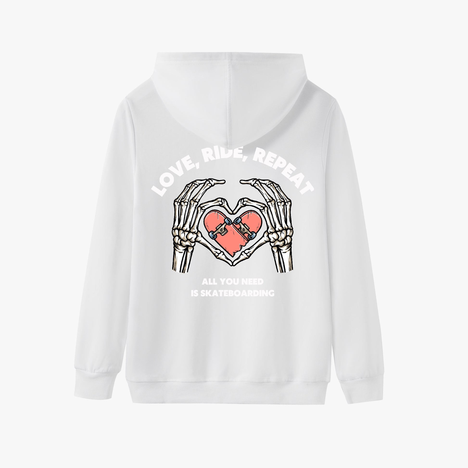 Love, Ride, Repeat Hoodie – Skeleton Hands Skateboarding Design