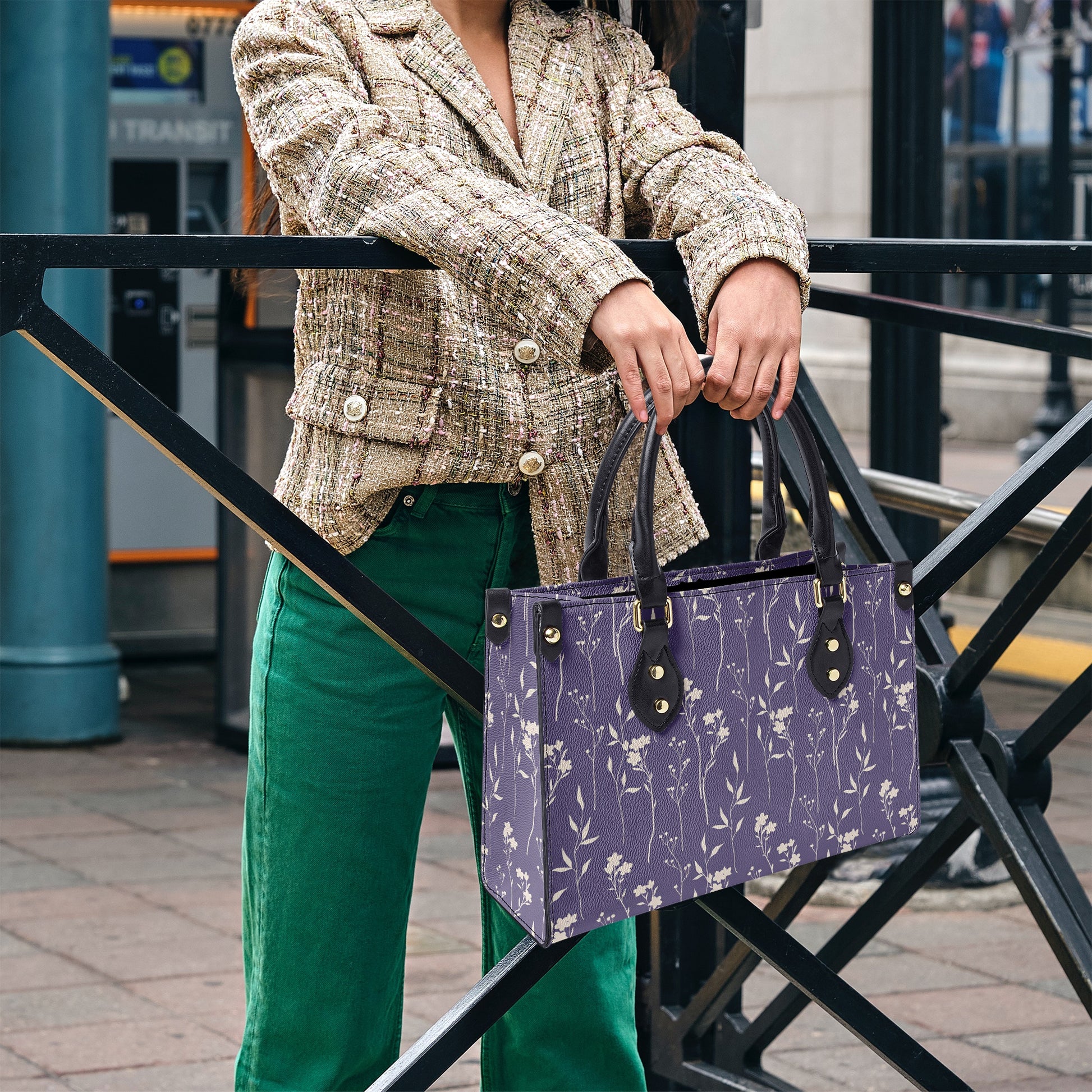 Stylish Purple Tote Bag - Elegant White Floral Design with Black Leather Handles