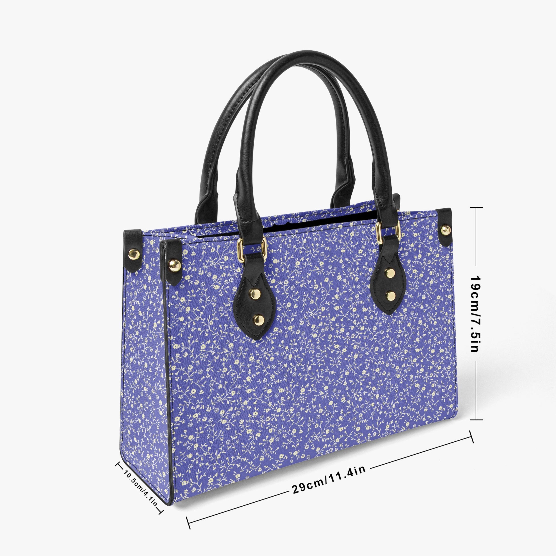 Chic Blue Floral Tote Bag - Stylish Handbag with Elegant Black Leather Handles