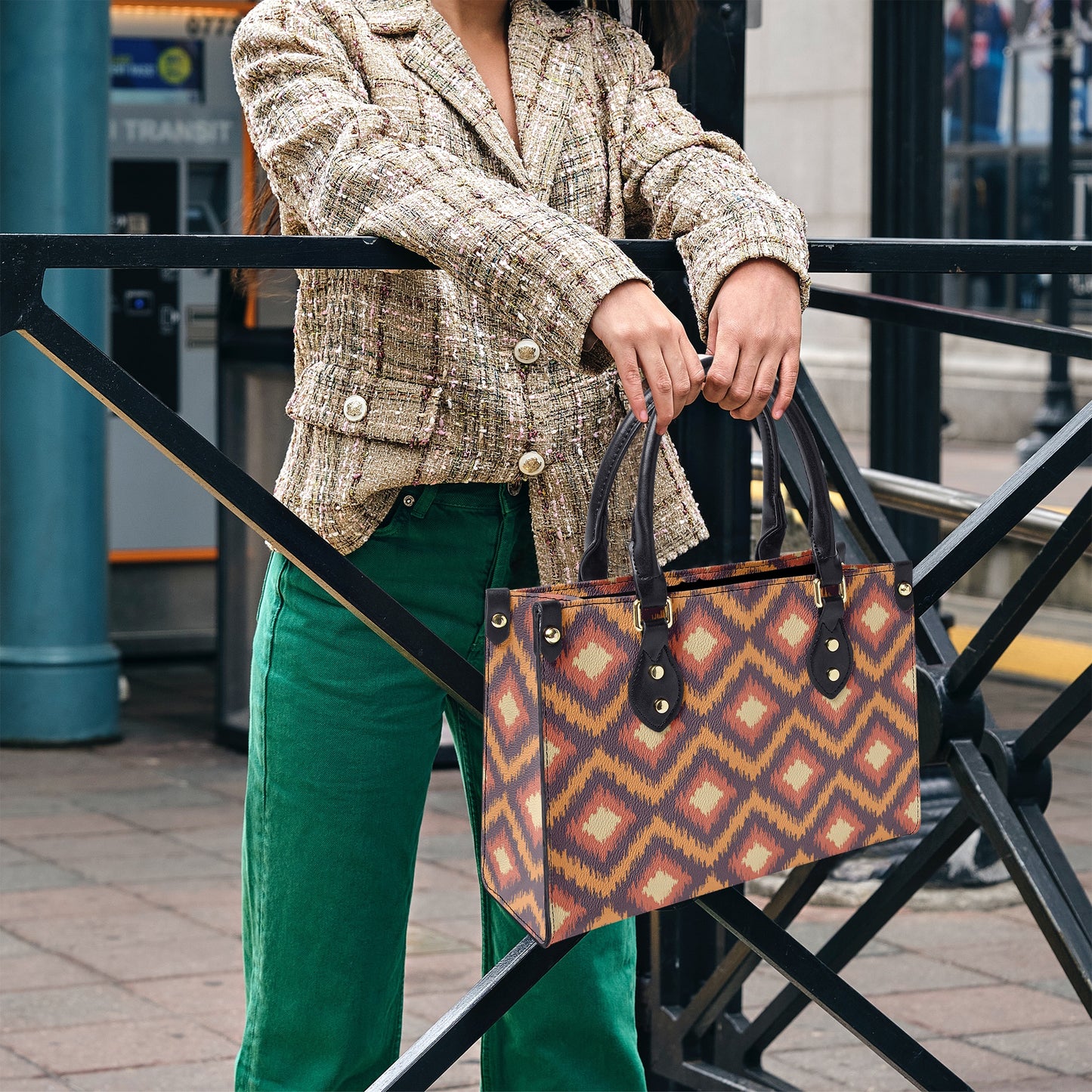 Vibrant Boho Tote Bag – Geometric Pattern Handbag with Leather Straps for Women