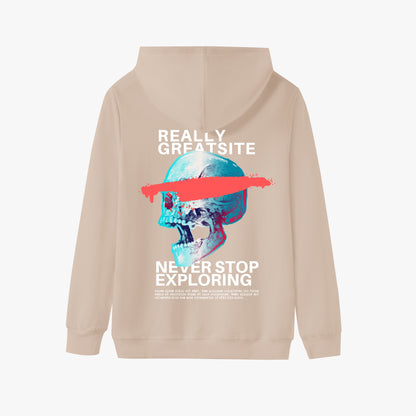 Never Stop Exploring Hoodie – Vibrant Skull Adventure Design