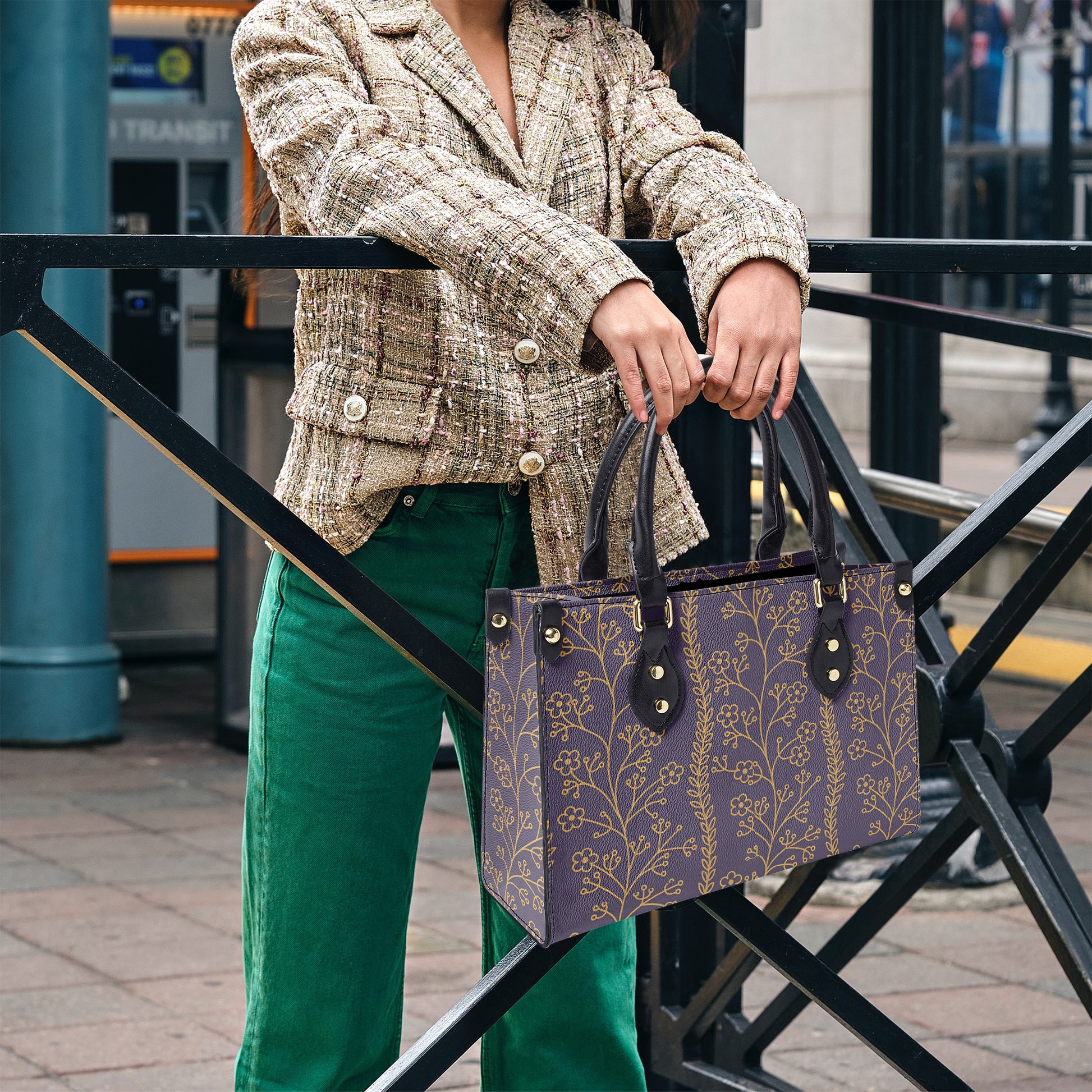 Elegant Purple Floral Tote Bag - Stylish Handbag with Golden Botanical Design