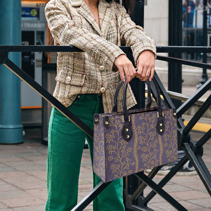 Elegant Purple Floral Tote Bag - Stylish Handbag with Golden Botanical Design