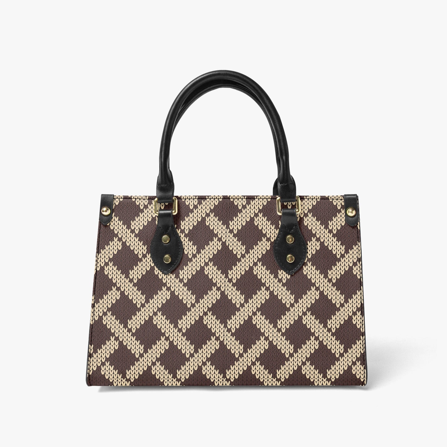 Stylish Brown Geometric Tote Bag - Classic Design with Leather Handles