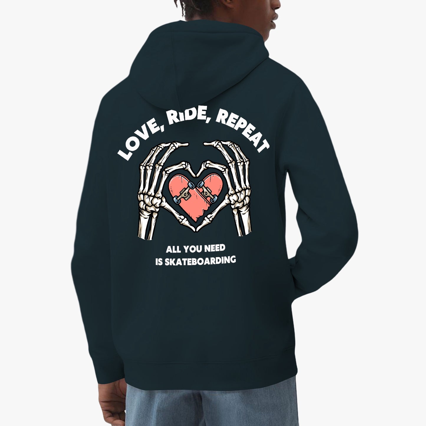 Love, Ride, Repeat Hoodie – Skeleton Hands Skateboarding Design