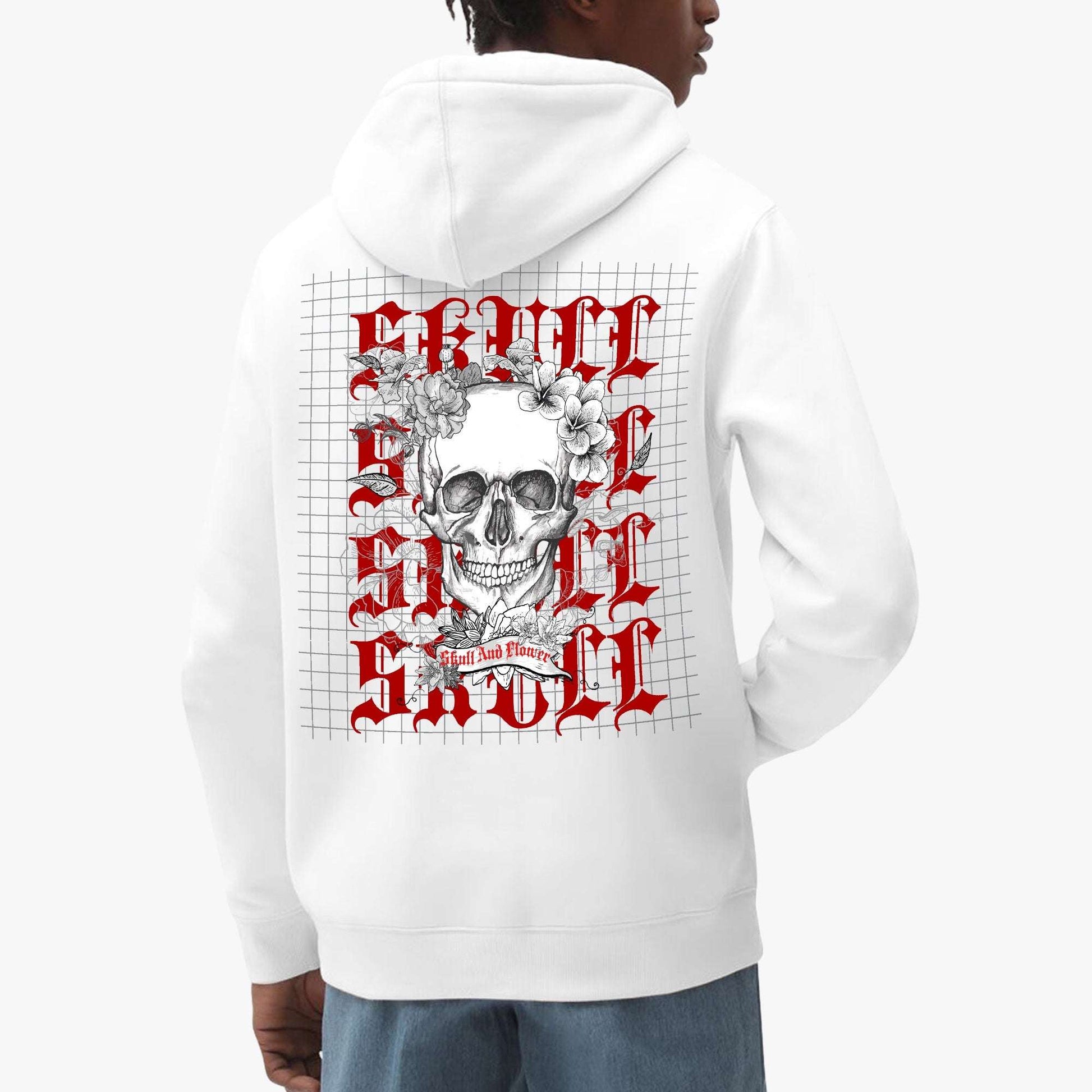 Skull and Flowers Gothic Hoodie – Red & Black Graphic Design