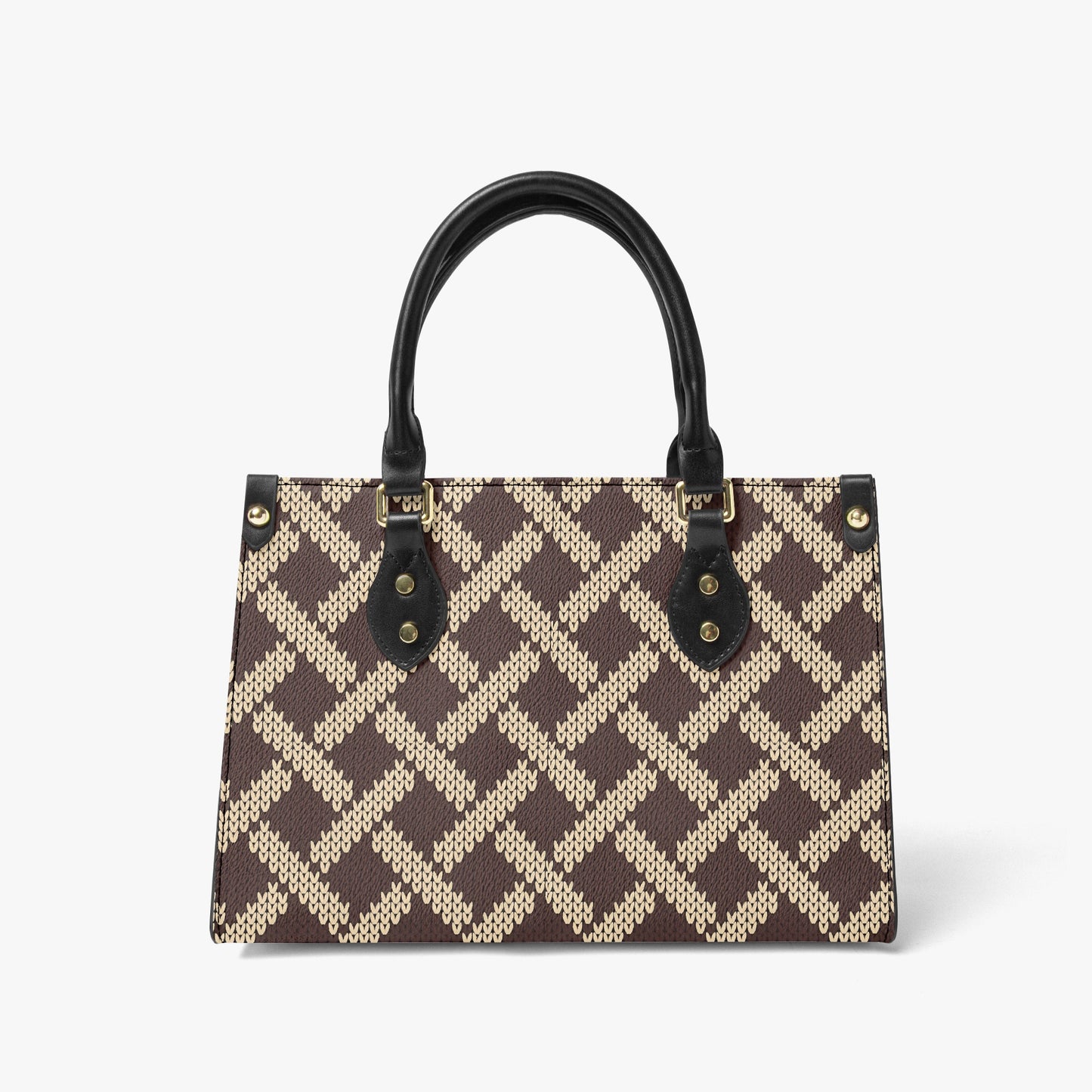 Stylish Brown Geometric Tote Bag - Classic Design with Leather Handles