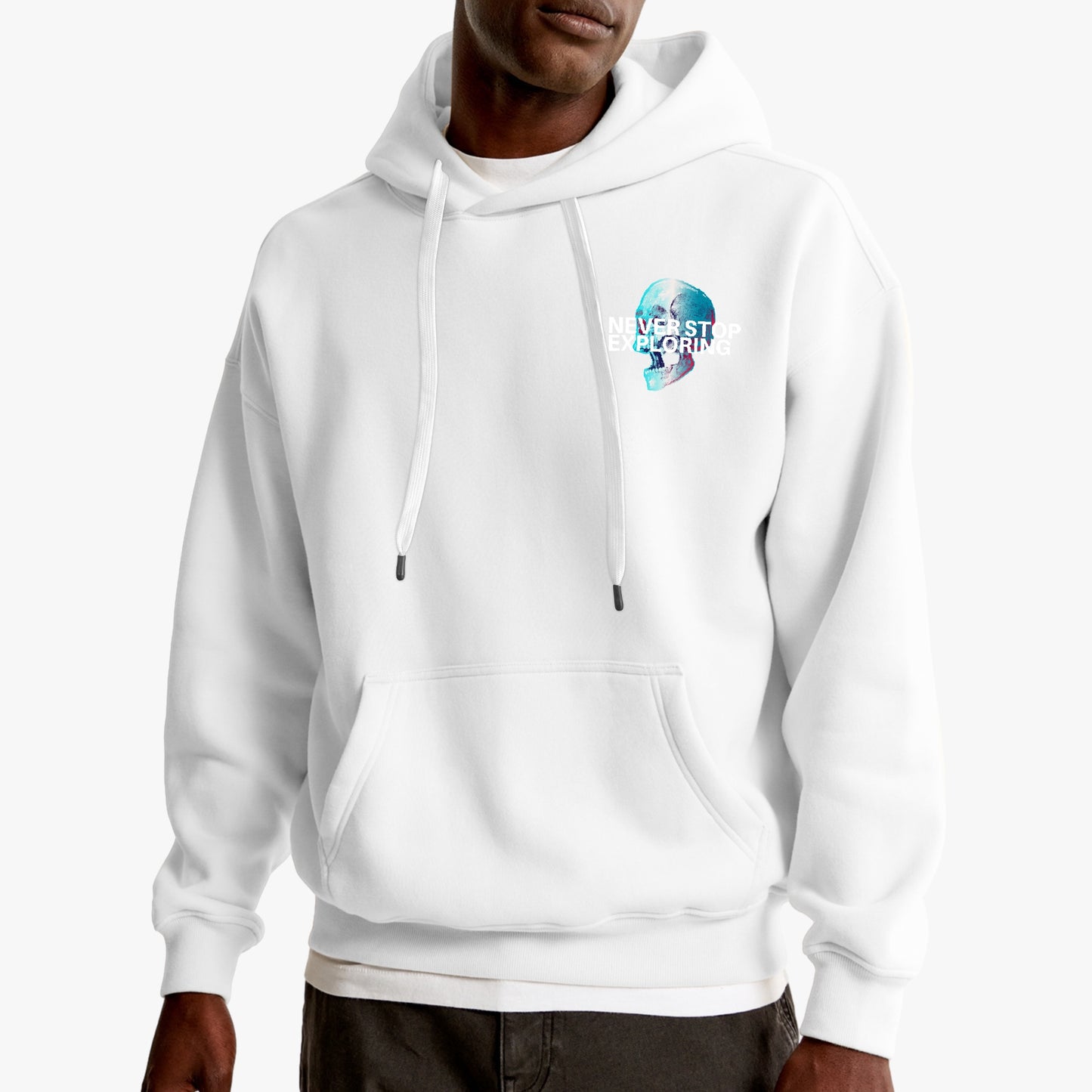 Never Stop Exploring Hoodie – Vibrant Skull Adventure Design