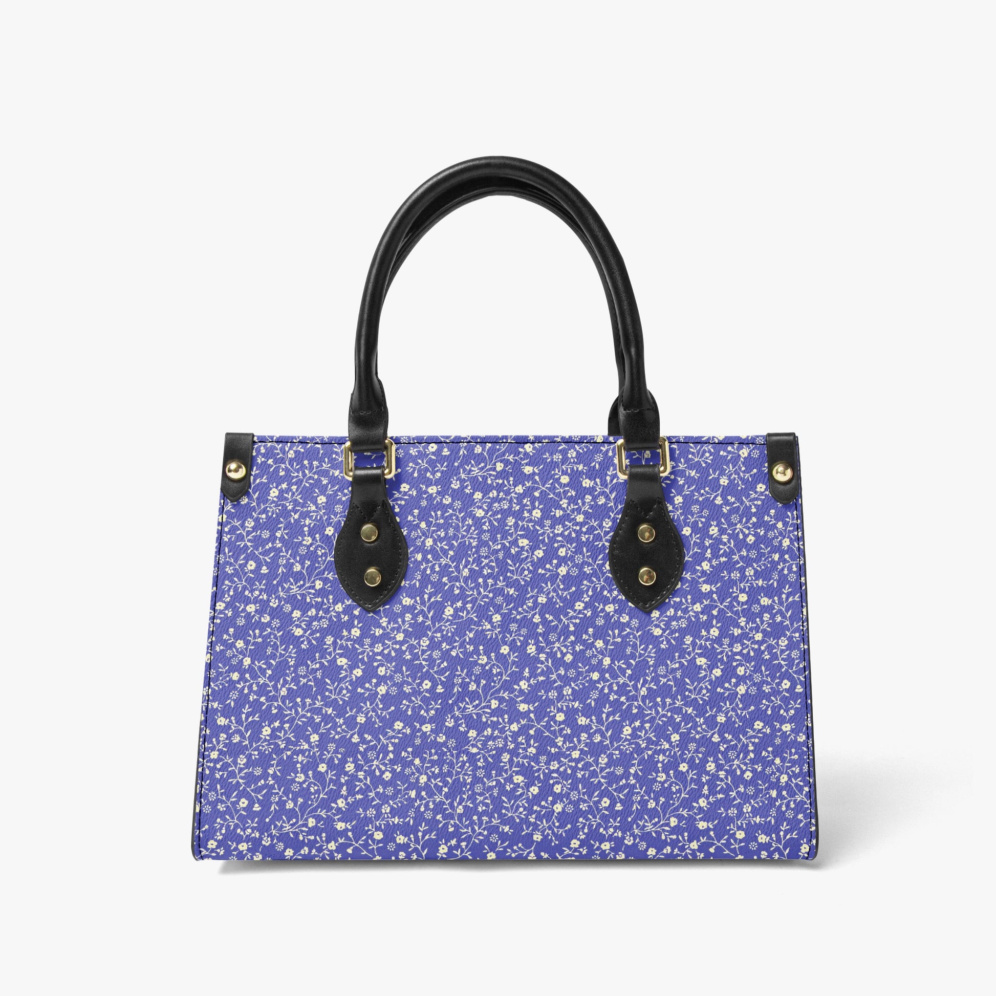 Chic Blue Floral Tote Bag - Stylish Handbag with Elegant Black Leather Handles