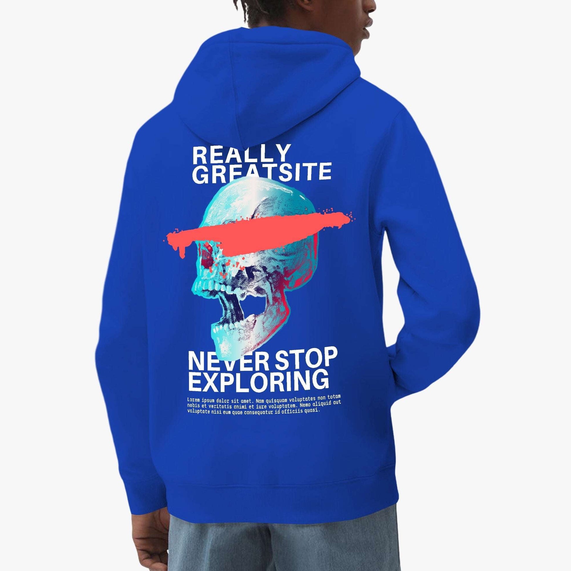 Never Stop Exploring Hoodie – Vibrant Skull Adventure Design