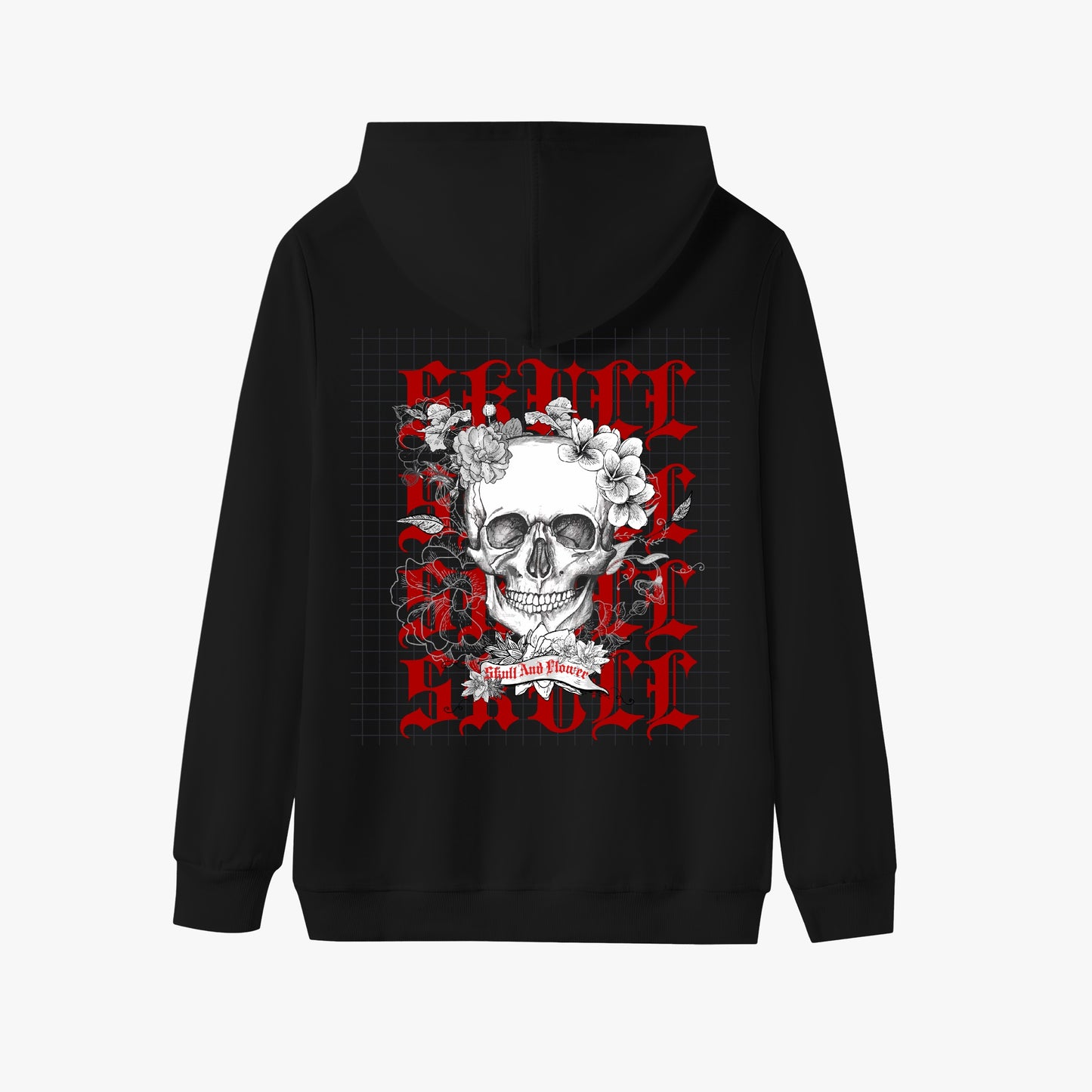 Skull and Flowers Gothic Hoodie – Red & Black Graphic Design