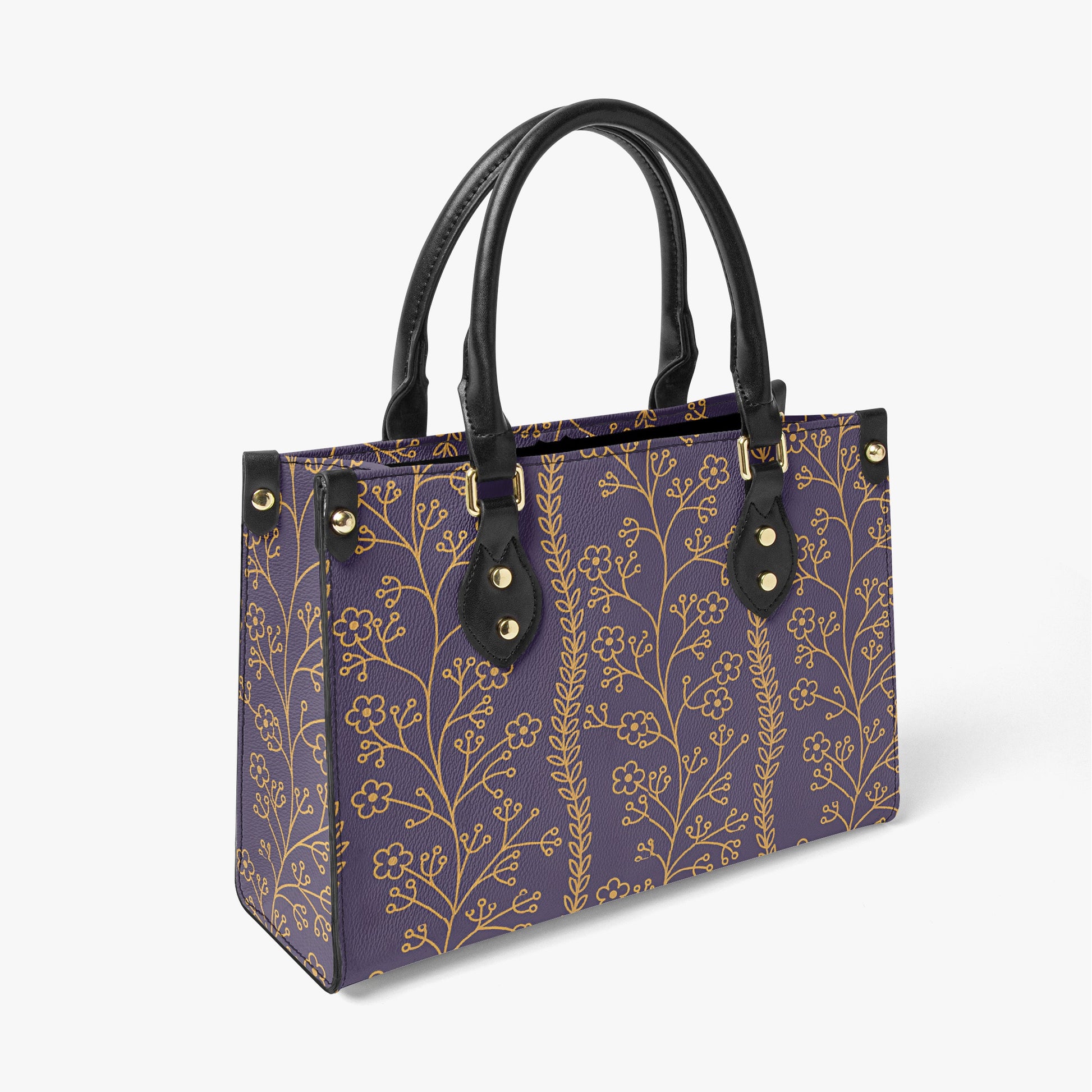 Elegant Purple Floral Tote Bag - Stylish Handbag with Golden Botanical Design