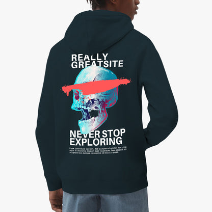 Never Stop Exploring Hoodie – Vibrant Skull Adventure Design