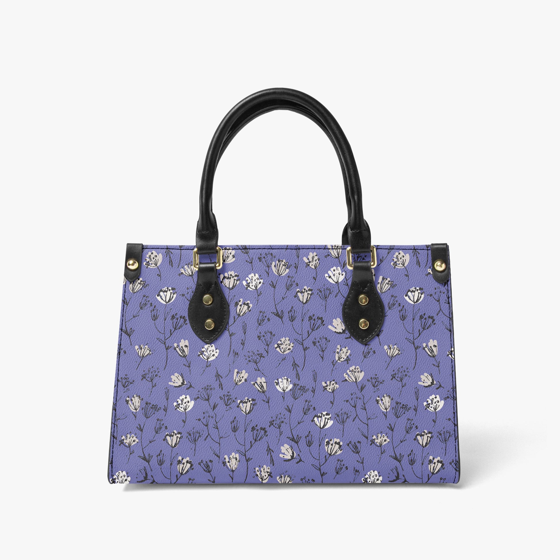 Chic Blue Tote Bag - White and Black Floral Design with Elegant Leather Handles