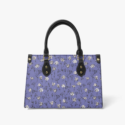 Chic Blue Tote Bag - White and Black Floral Design with Elegant Leather Handles