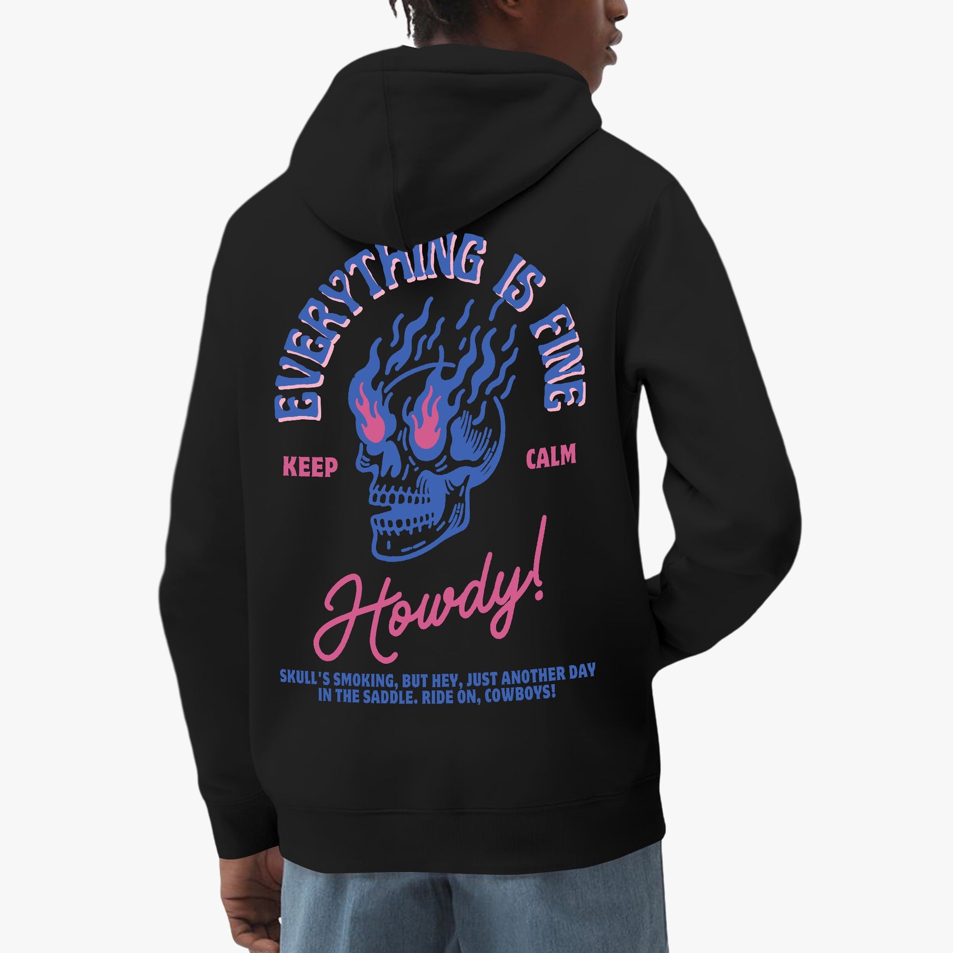 Everything Is Fine Hoodie – Flaming Skull Western-Inspired Design