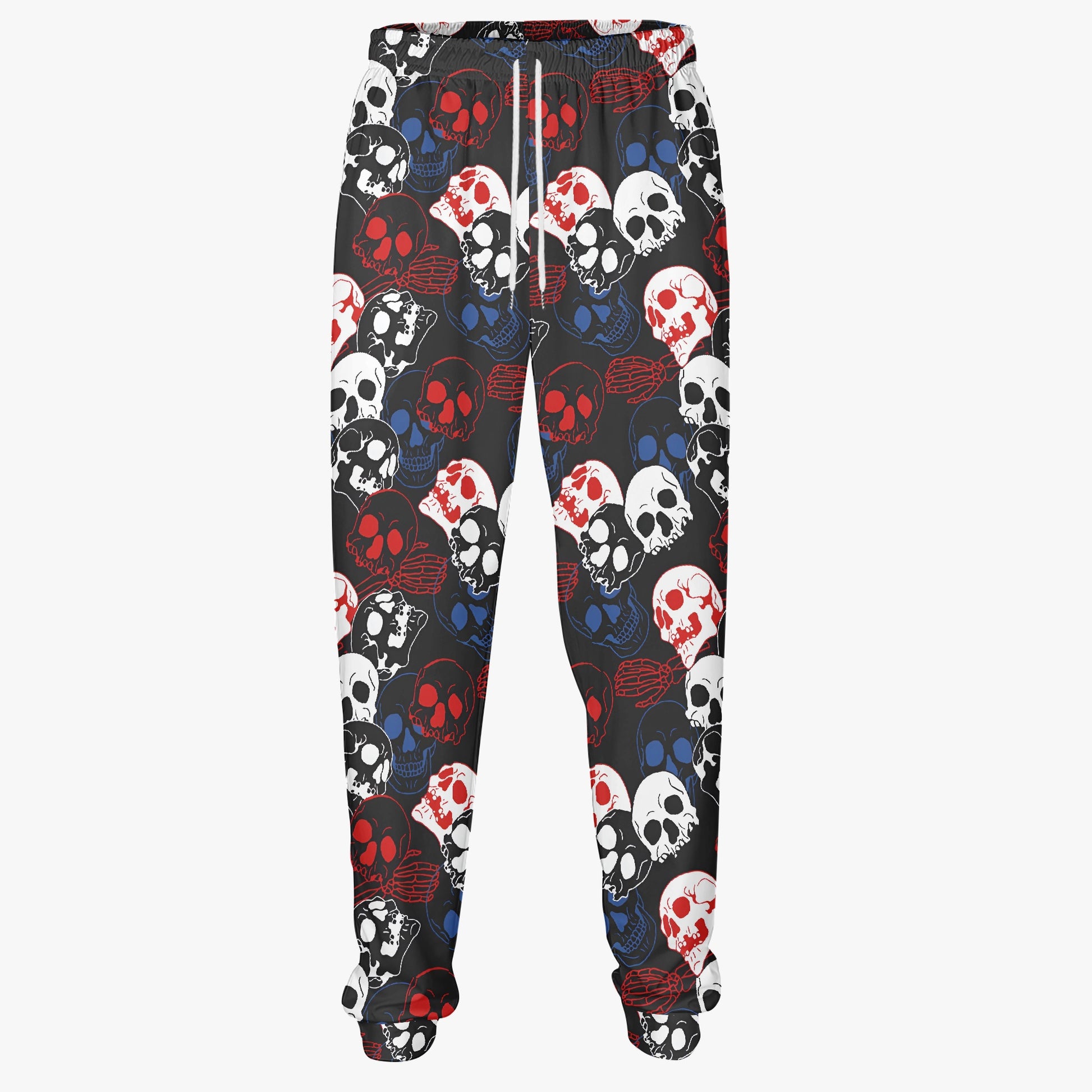 Red, White, and Blue Skull Print Joggers - Vibrant Gothic Streetwear