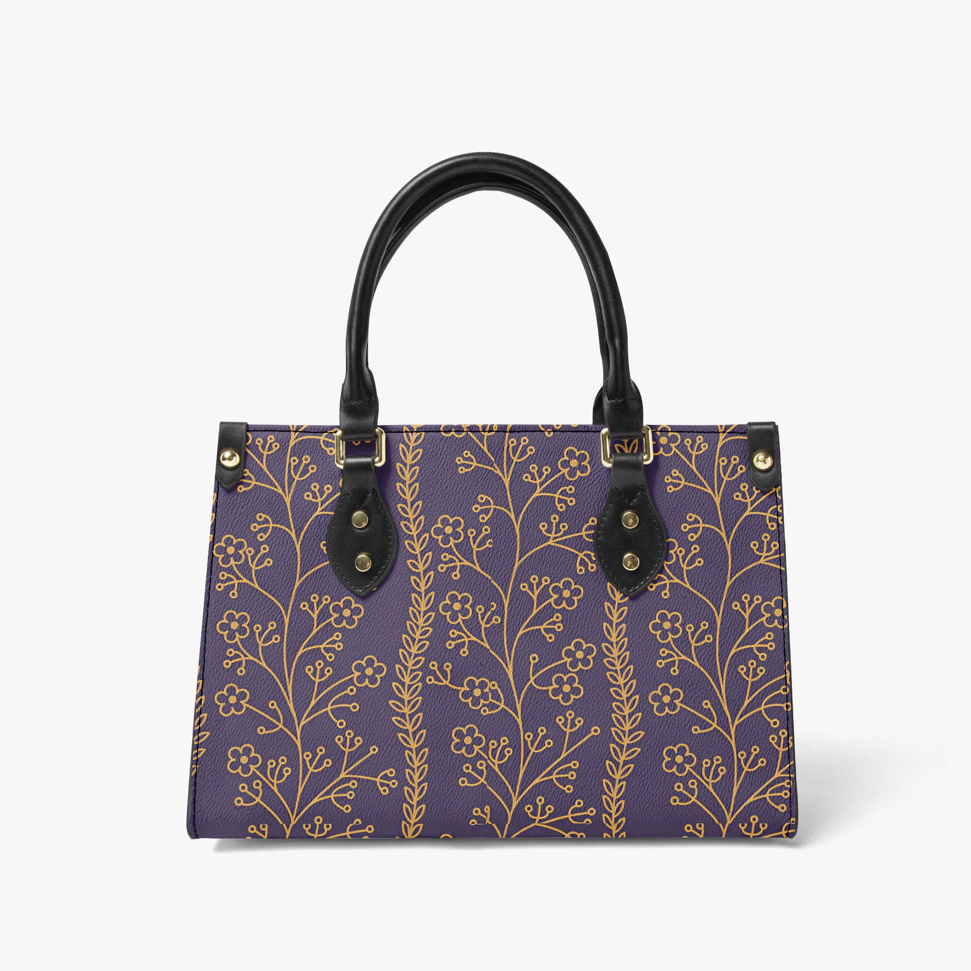 Elegant Purple Floral Tote Bag - Stylish Handbag with Golden Botanical Design