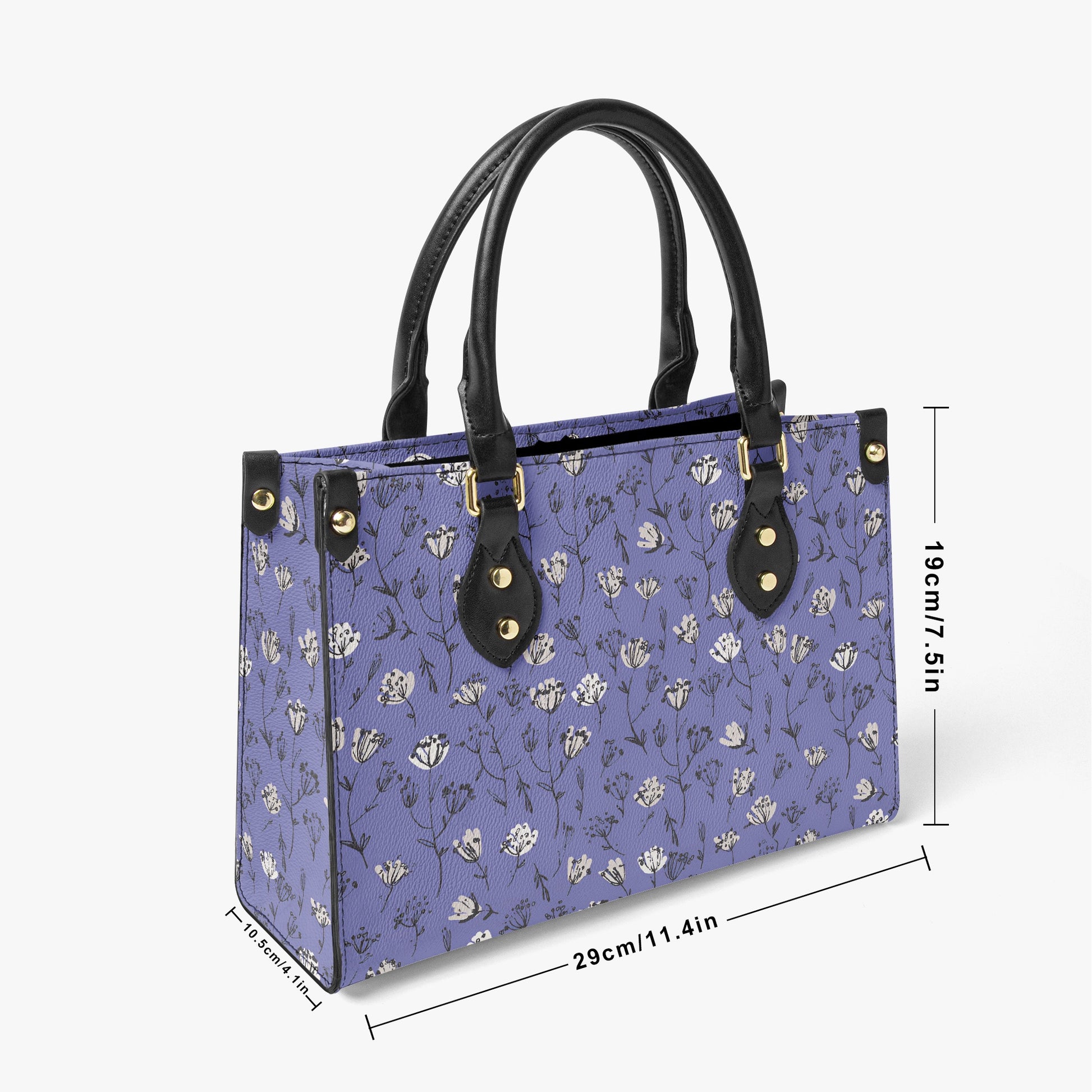 Chic Blue Tote Bag - White and Black Floral Design with Elegant Leather Handles