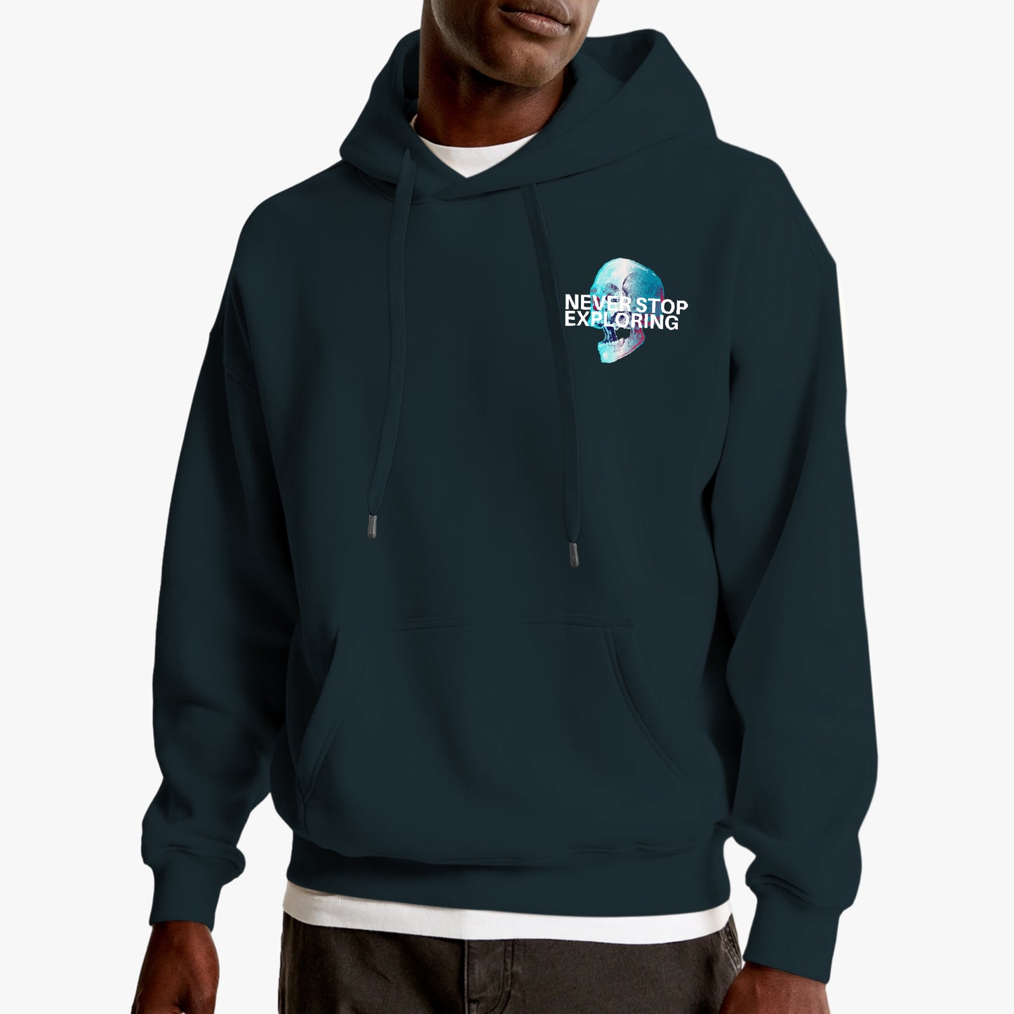 Never Stop Exploring Hoodie – Vibrant Skull Adventure Design