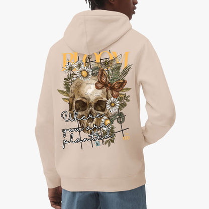 Bloom Where You Are Planted Hoodie – Floral Skull and Butterfly Design