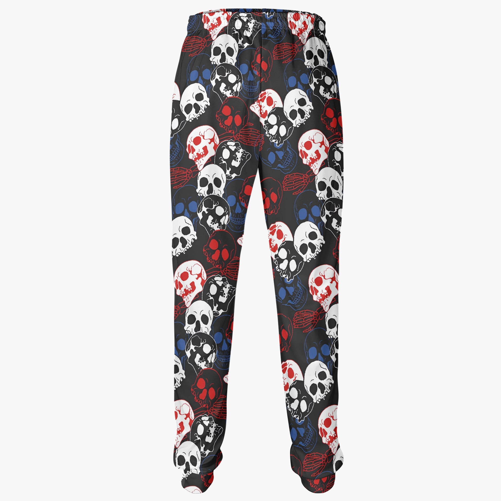 Red, White, and Blue Skull Print Joggers - Vibrant Gothic Streetwear