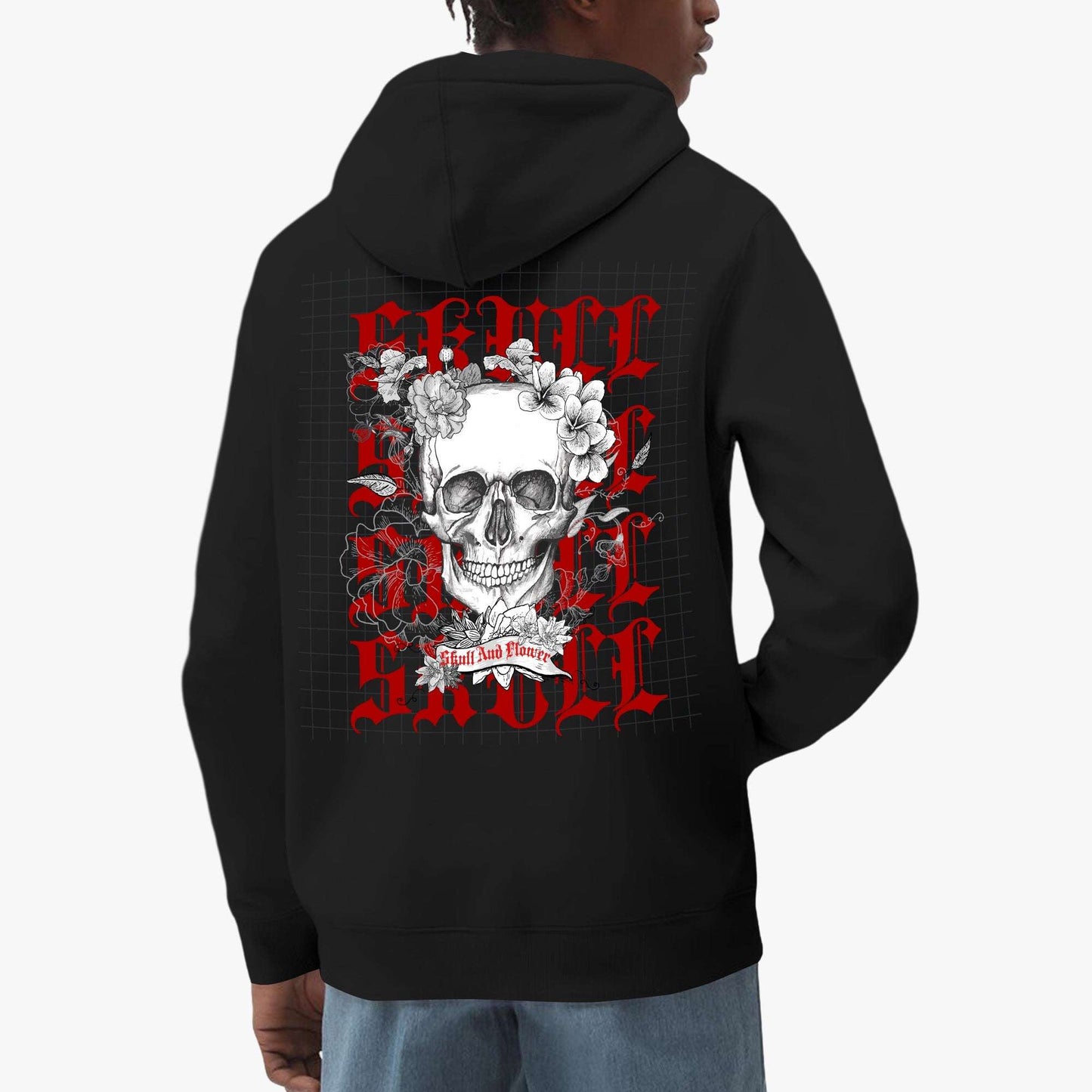 Skull and Flowers Gothic Hoodie – Red & Black Graphic Design