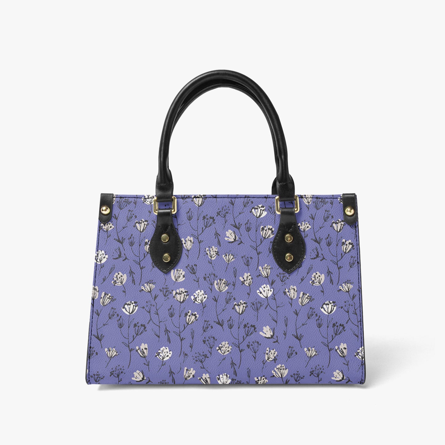 Chic Blue Tote Bag - White and Black Floral Design with Elegant Leather Handles