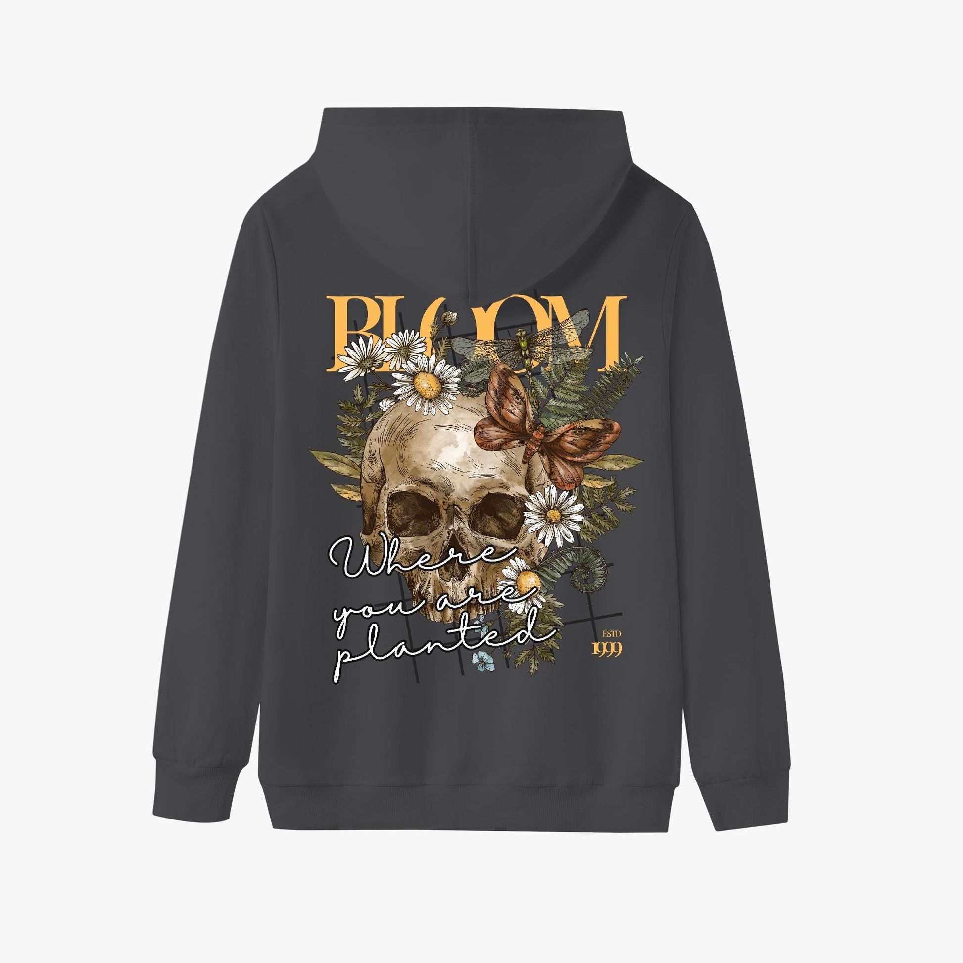 Bloom Where You Are Planted Hoodie – Floral Skull and Butterfly Design